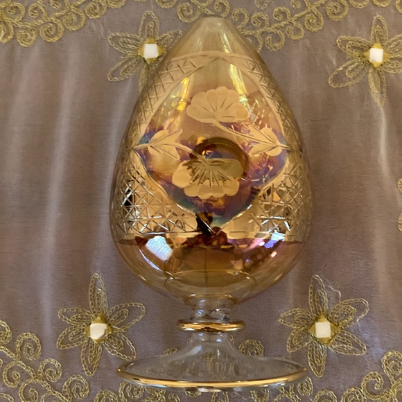 Vintage Egyptian Hand Blown Glass Egg Shaped Gold Etched Pattern Amber Color - Picture 3 of 6